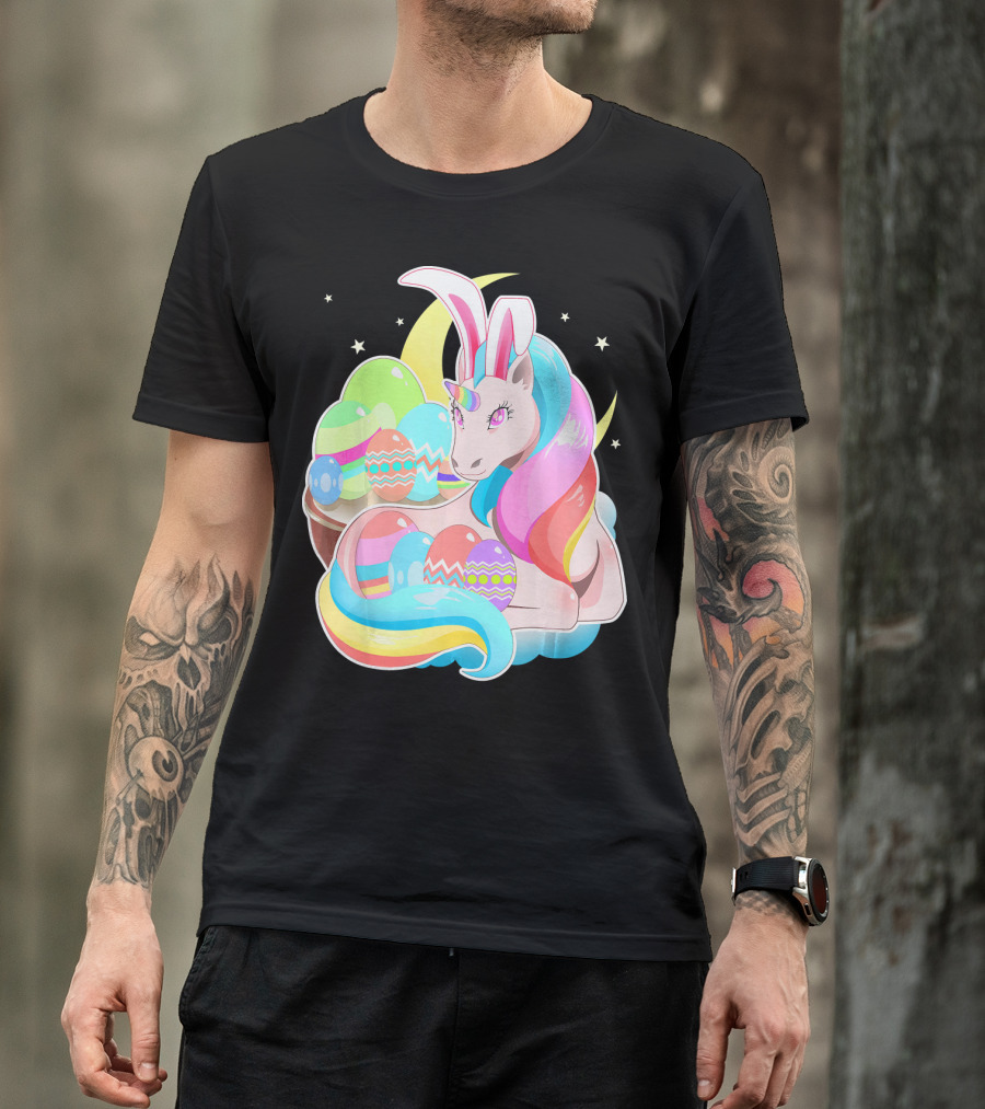 Unicorn Easter Bunny Ears Holiday Pastel Eggs And Moon Stars T-Shirt