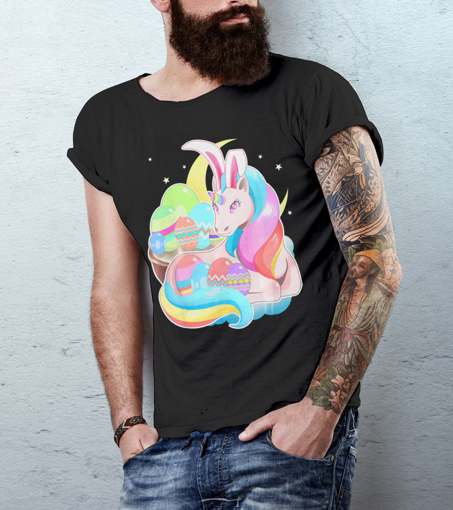 Unicorn Easter Bunny Ears Holiday Pastel Eggs And Moon Stars T-Shirt