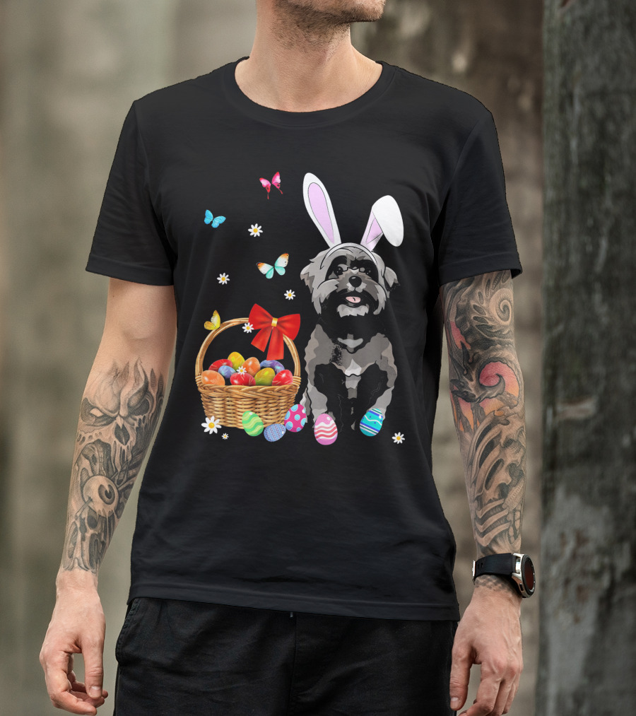 Shih Tzu With Bunny Ears And Easter Egg Basket With Butterflies And Flowers T-Shirt
