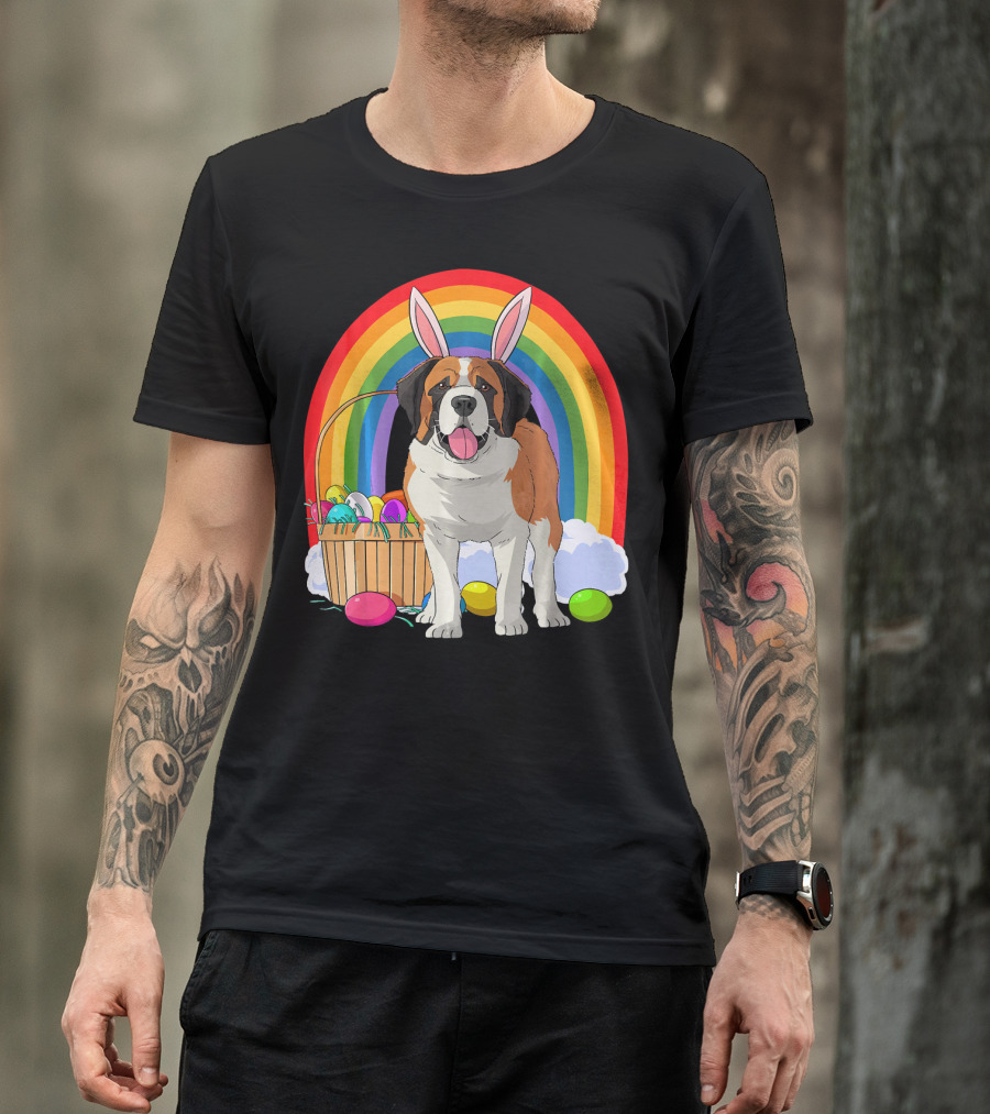 Saint Bernard Bunny Dog With Easter Eggs And Rainbow T-Shirt