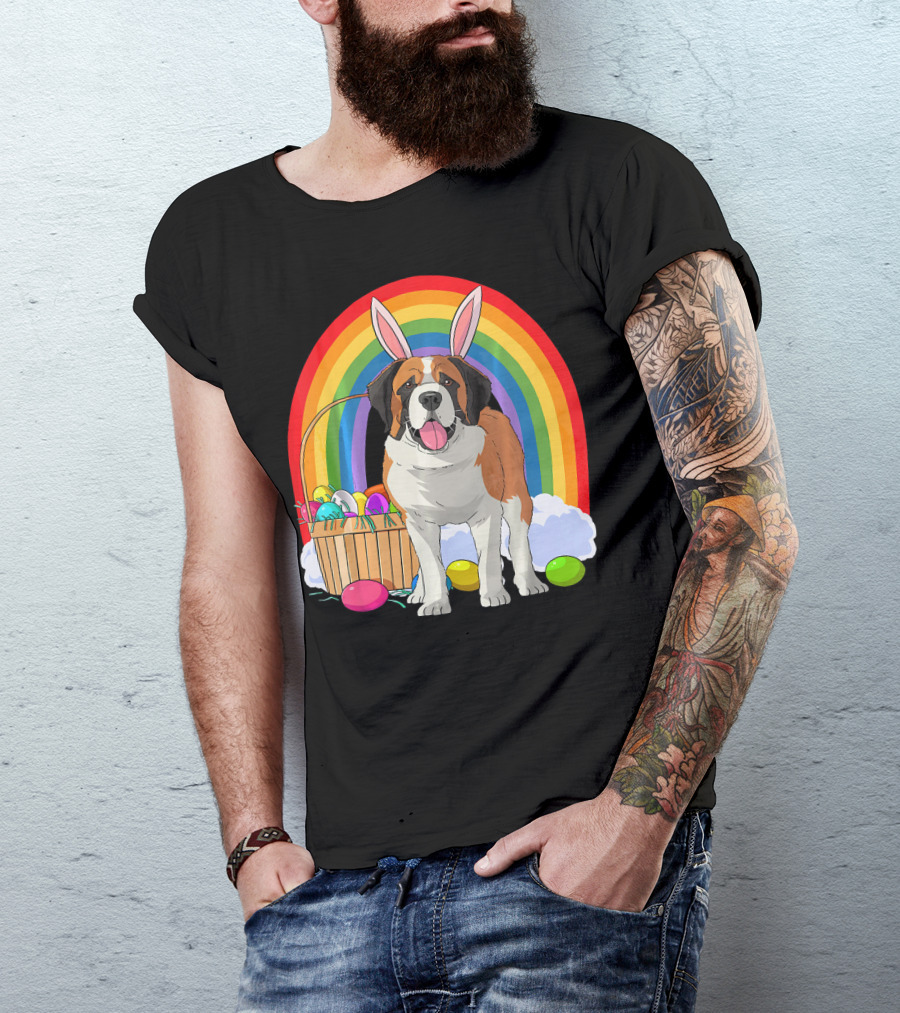 Saint Bernard Bunny Dog With Easter Eggs And Rainbow T-Shirt