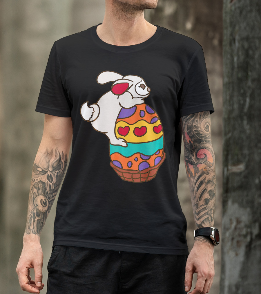 Easter Bunny Hugging Colorful Heart Patterned Egg T-Shirt