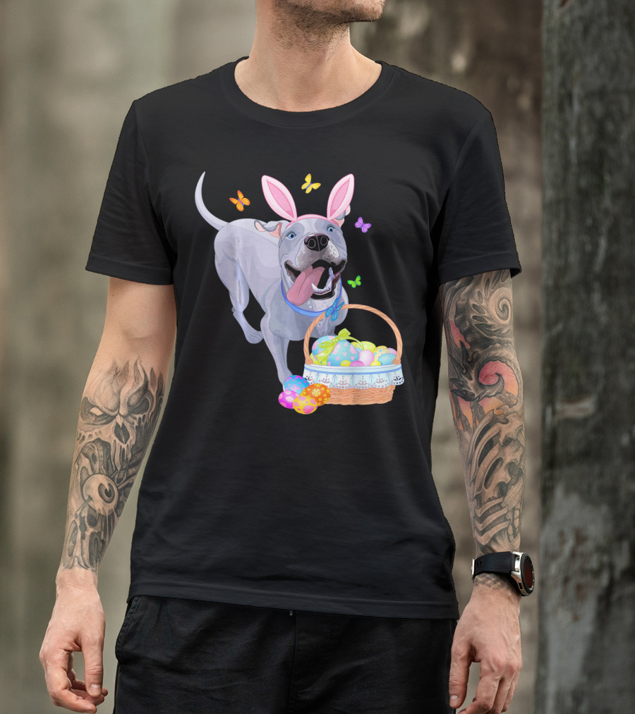 Gray Pit Bull Puppy With Bunny Ears And Easter Basket T-Shirt