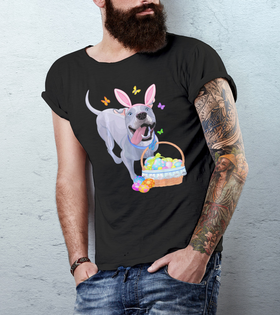 Gray Pit Bull Puppy With Bunny Ears And Easter Basket T-Shirt