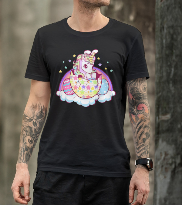 Easter Unicorn Hatching From Egg With Rainbow And Stars T-Shirt