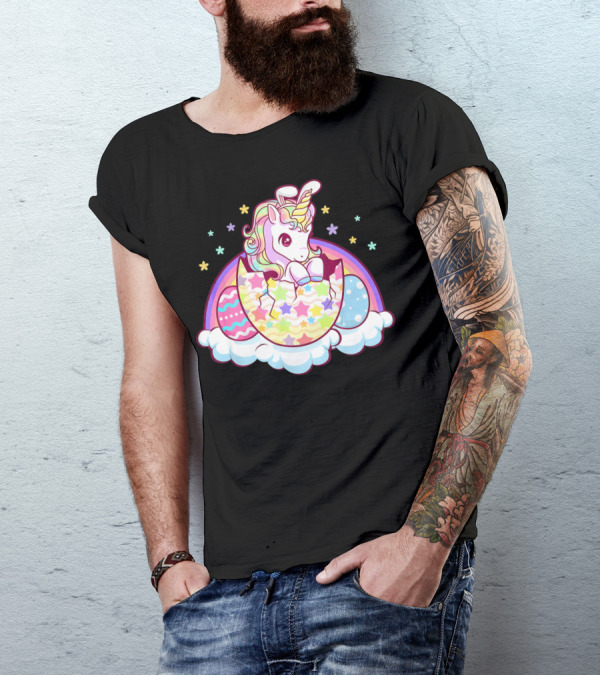 Easter Unicorn Hatching From Egg With Rainbow And Stars T-Shirt