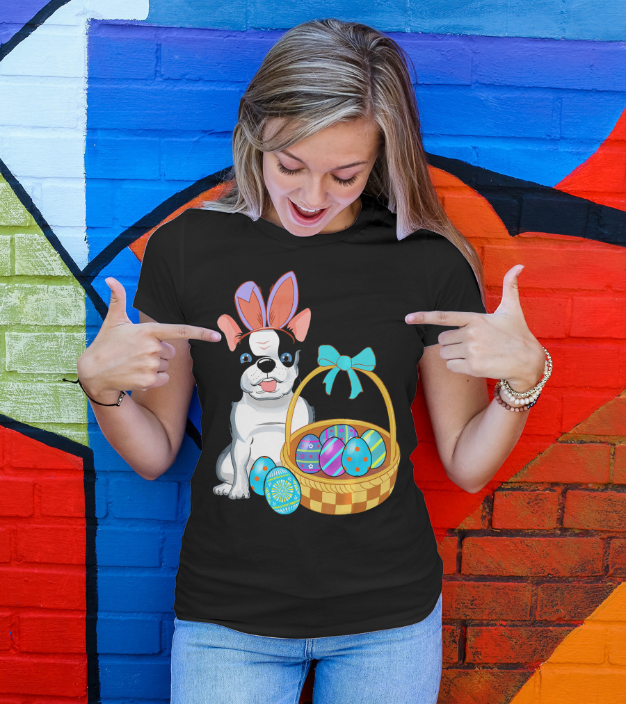 French Bulldog With Bunny Ears And Easter Egg Basket T-Shirt
