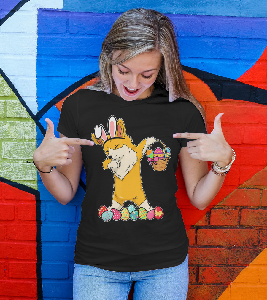 Corgi Dabbing Easter Basket Bunny Ears Eggs T-Shirt