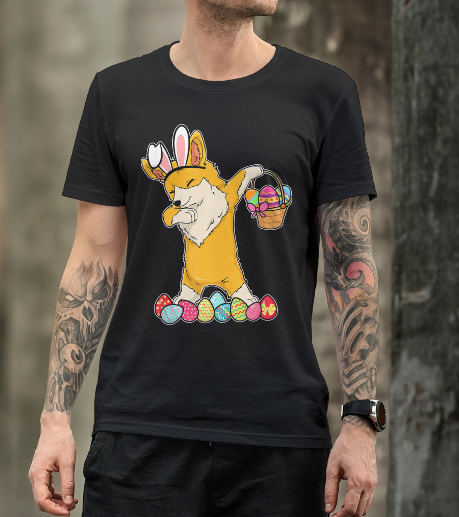 Corgi Dabbing Easter Basket Bunny Ears Eggs T-Shirt