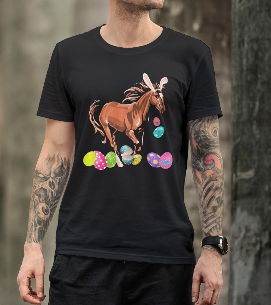 Horse With Bunny Ears Among Colorful Easter Eggs T-Shirt