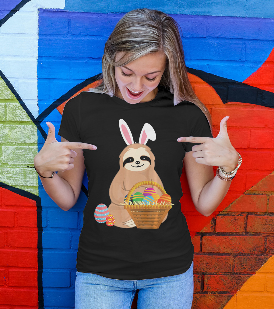 Easter Sloth Bunny With Colorful Eggs Basket T-Shirt