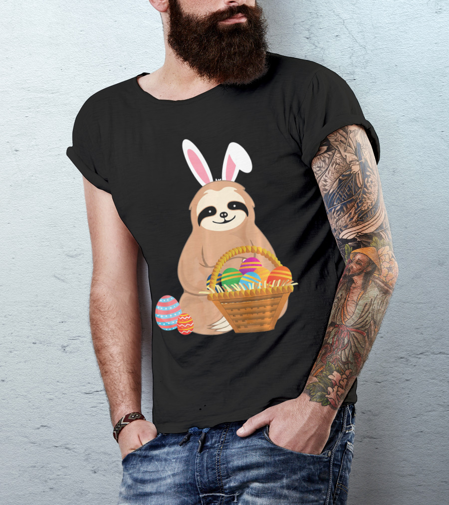 Easter Sloth Bunny With Colorful Eggs Basket T-Shirt