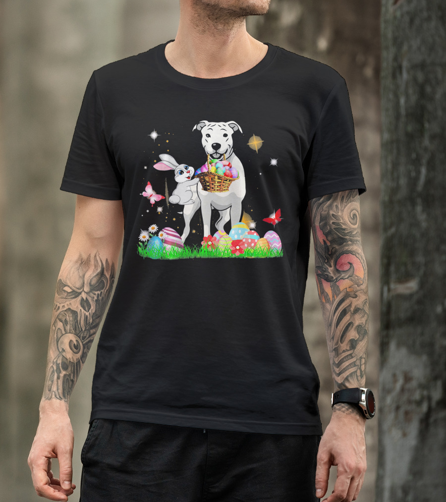 Easter Day Dogo Argentino With Bunny Basket Of Eggs And Butterflies T-Shirt
