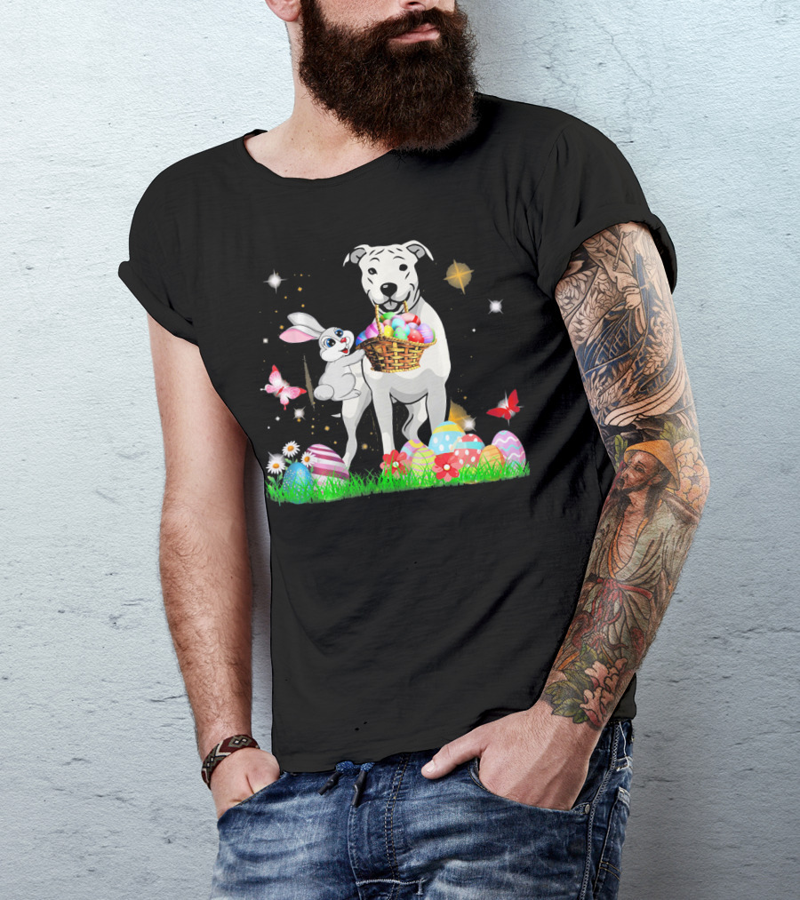 Easter Day Dogo Argentino With Bunny Basket Of Eggs And Butterflies T-Shirt
