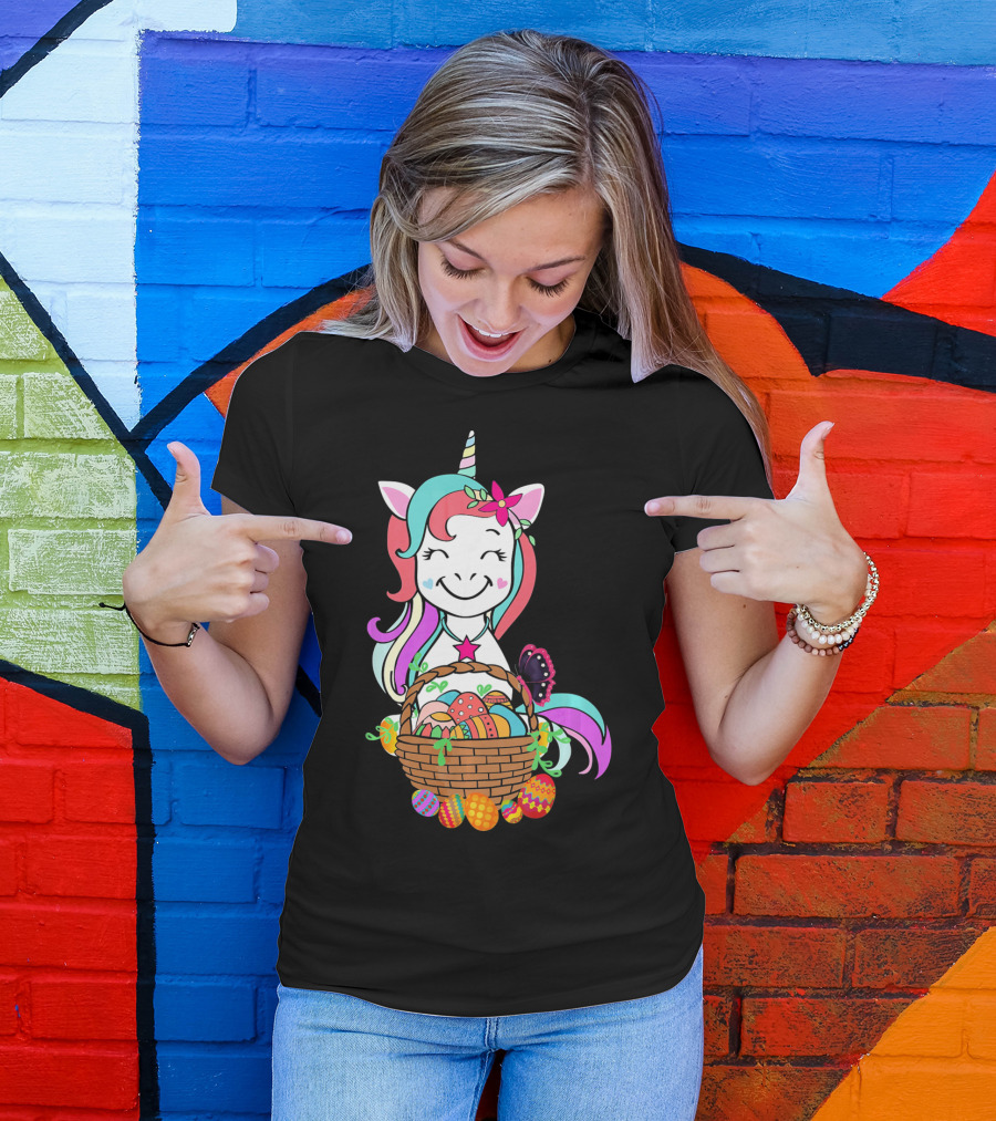 Unicorn Easter Basket With Colorful Eggs And Butterfly T-Shirt
