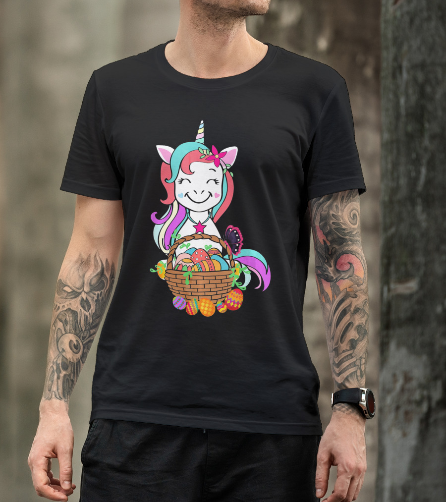 Unicorn Easter Basket With Colorful Eggs And Butterfly T-Shirt