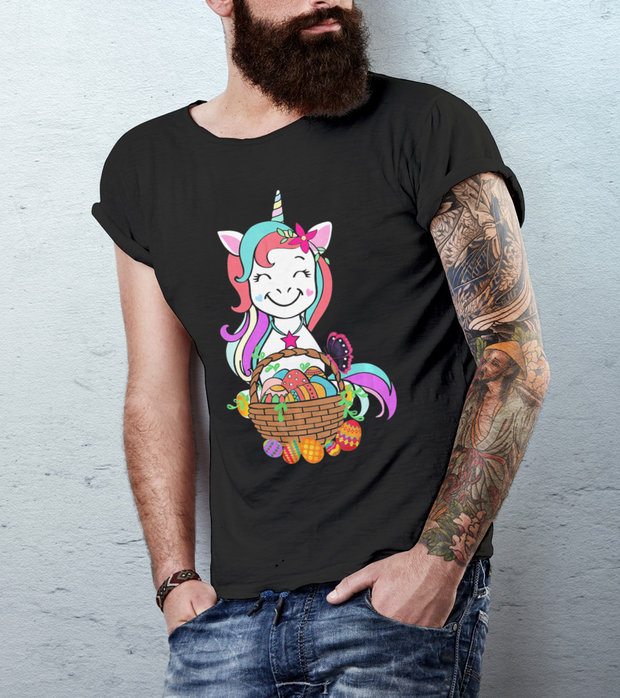 Unicorn Easter Basket With Colorful Eggs And Butterfly T-Shirt