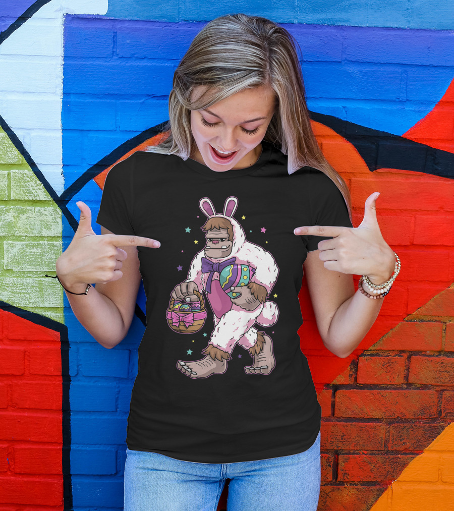 Kids Easter Bunny Bigfoot Sasquatch Basket Eggs Stars T-Shirt