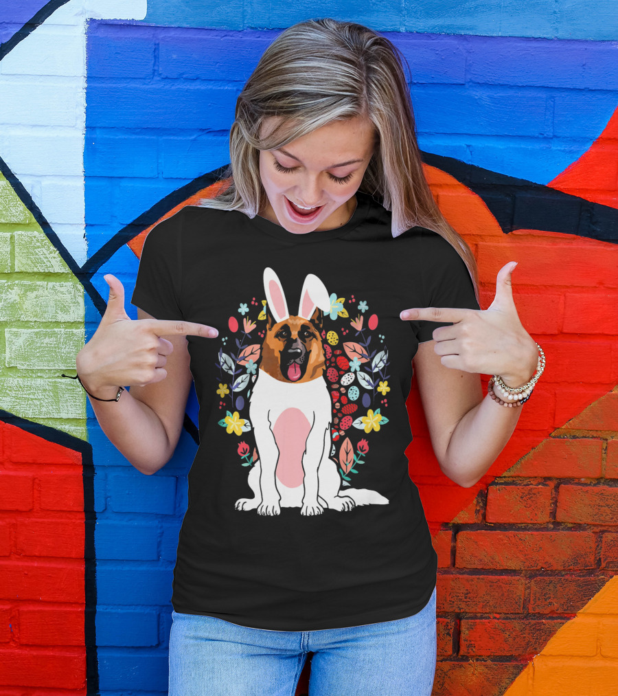 Alsatian Rabbit Ears Floral Background T-Shirt