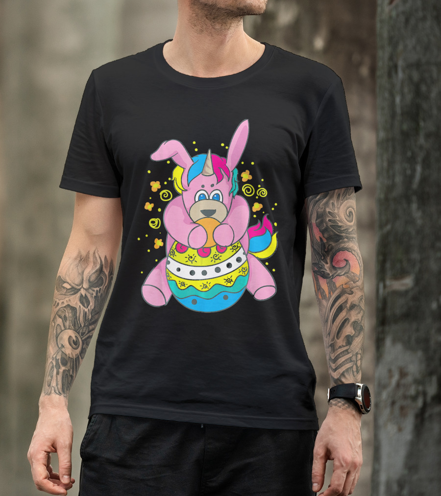 Bunny Unicorn Holding Easter Egg Surrounded By Flowers And Swirls T-Shirt