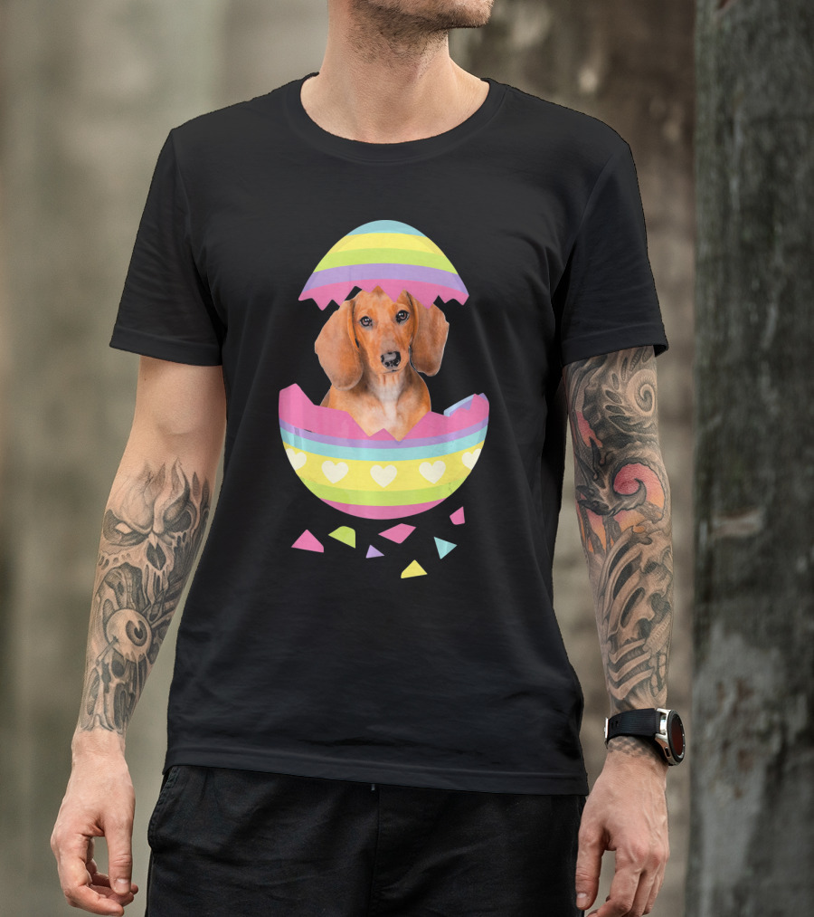 Dachshund In Colorful Easter Egg With Heart Stripes T-Shirt