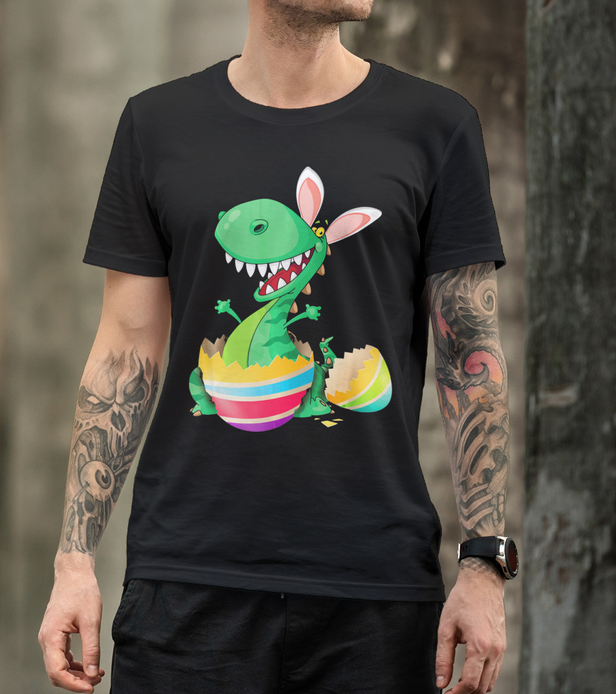 Easter Dinosaur Bunny Emerging From Striped Egg T-Shirt