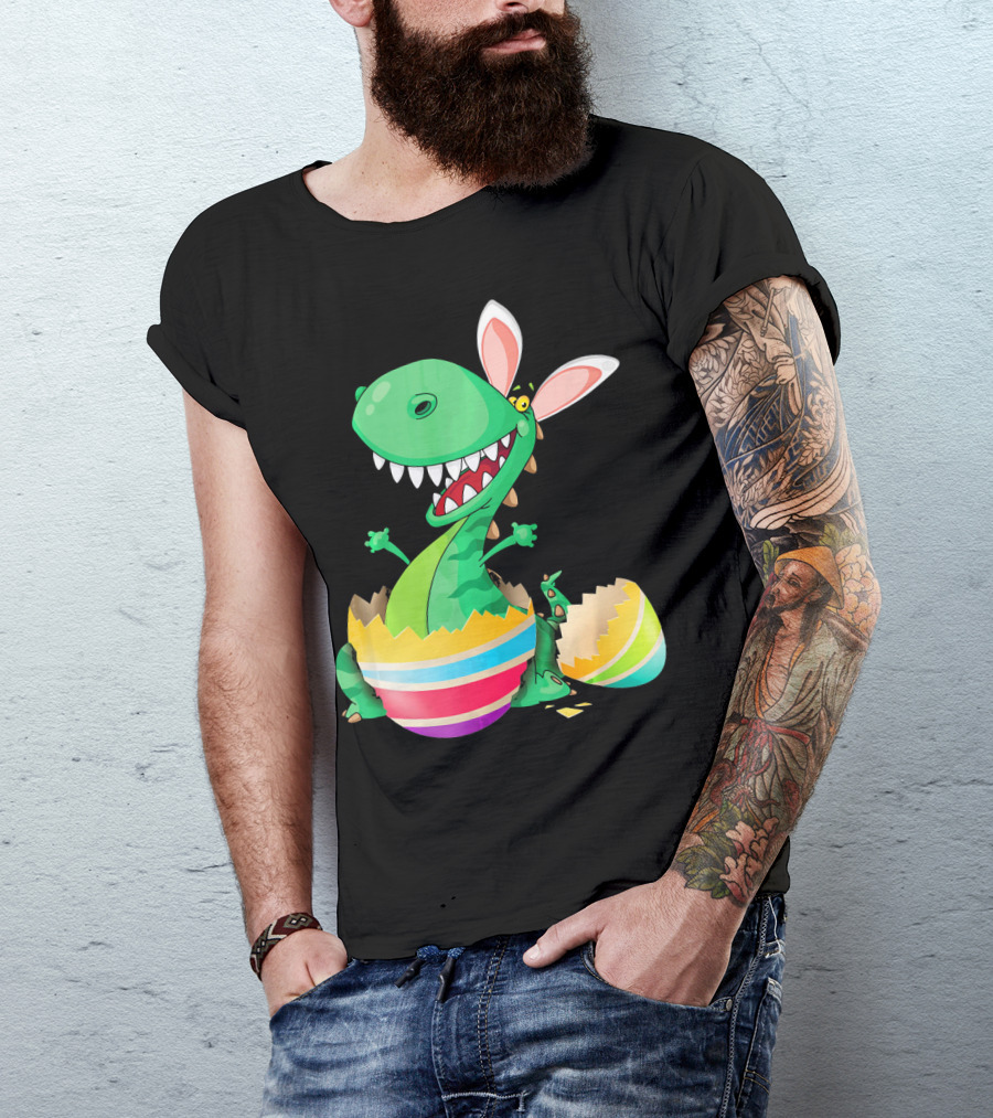 Easter Dinosaur Bunny Emerging From Striped Egg T-Shirt