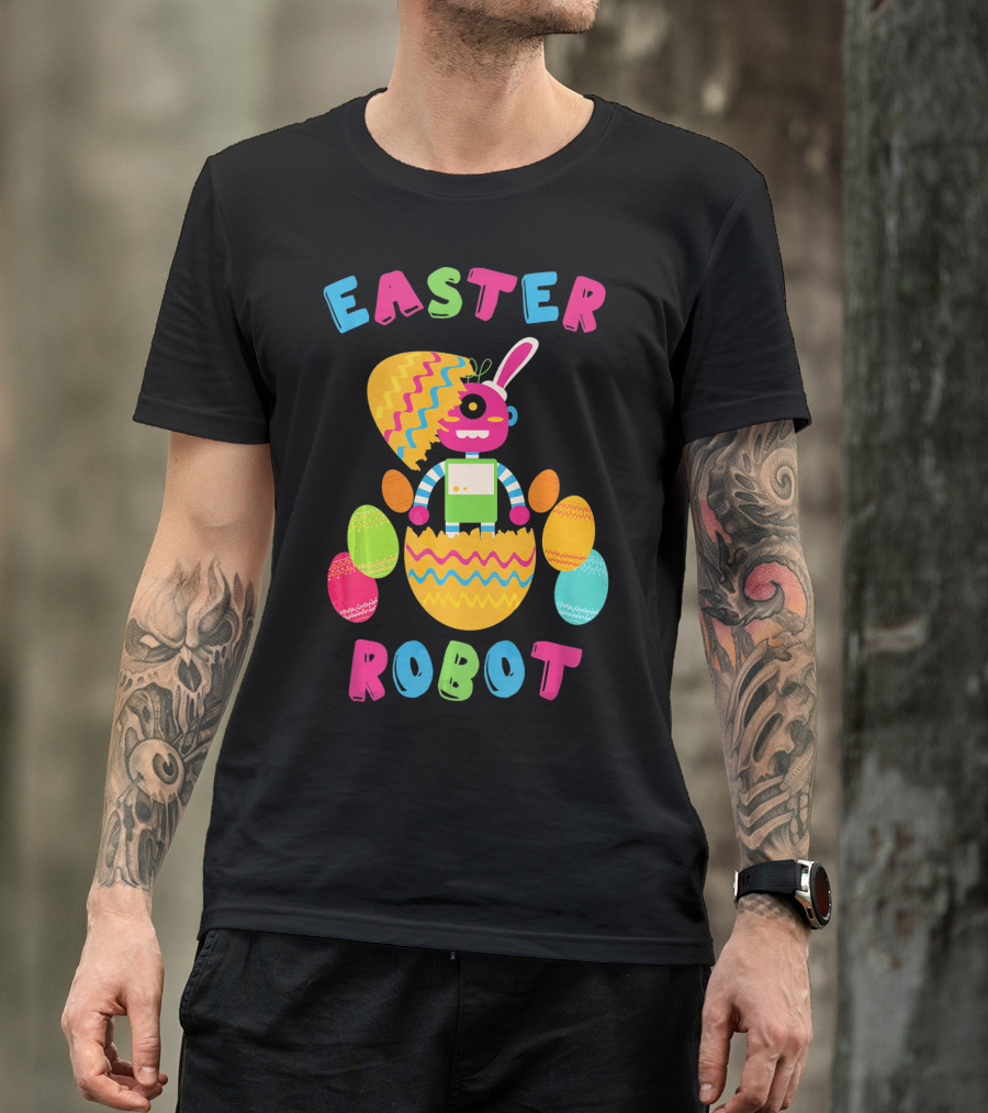 Easter Robot Bunny With Colorful Eggs T-Shirt