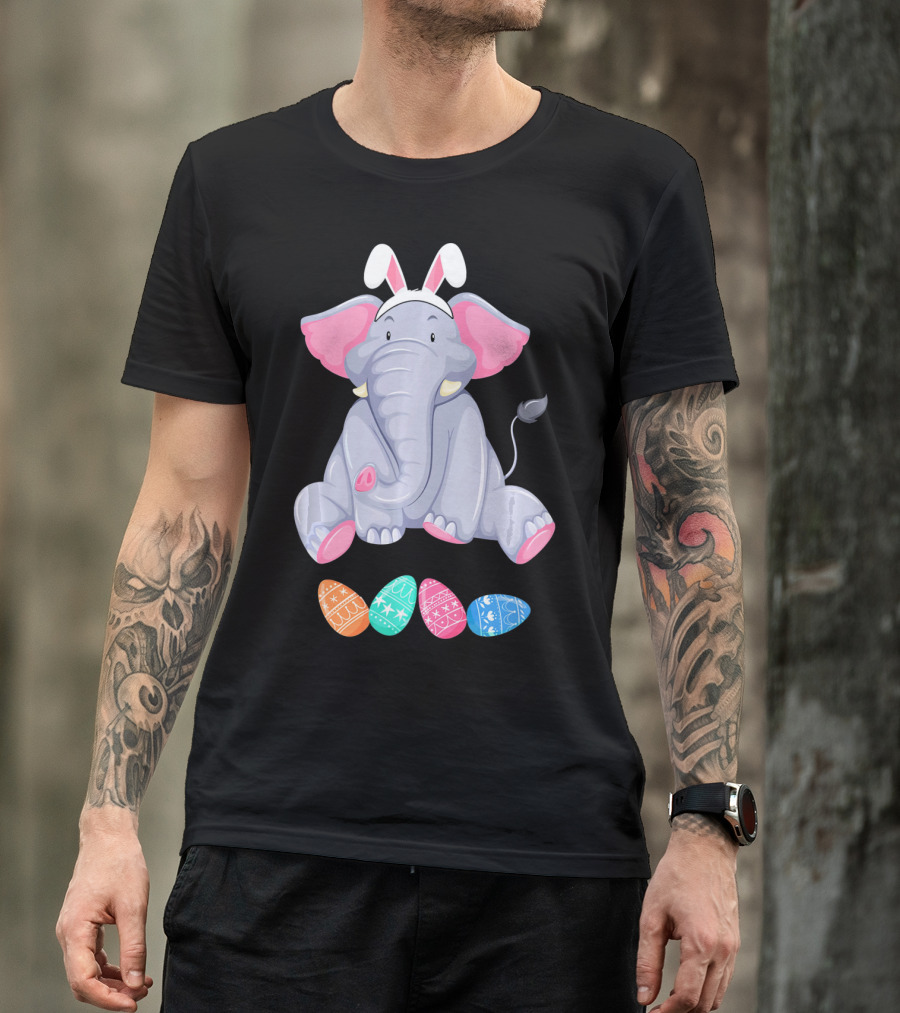 Funny Easter Elephant With Bunny Ears And Colorful Patterned Eggs T-Shirt