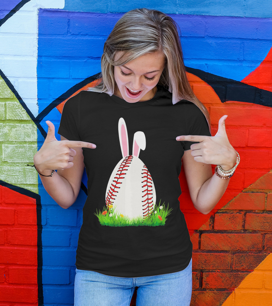 Cute Easter Bunny Baseball Egg With Ears On Grass T-Shirt