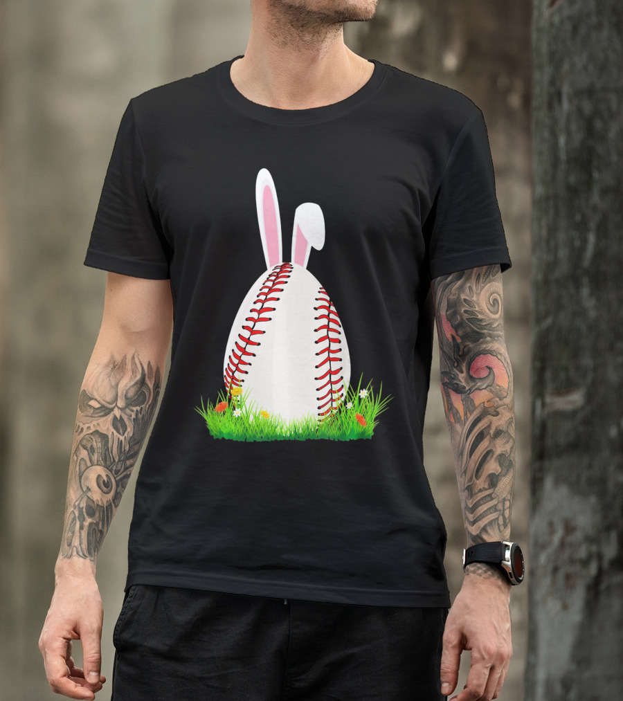 Cute Easter Bunny Baseball Egg With Ears On Grass T-Shirt