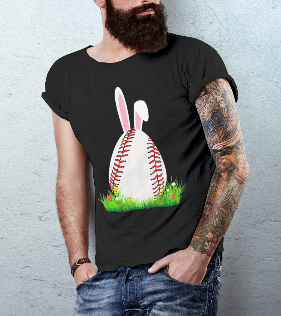 Cute Easter Bunny Baseball Egg With Ears On Grass T-Shirt