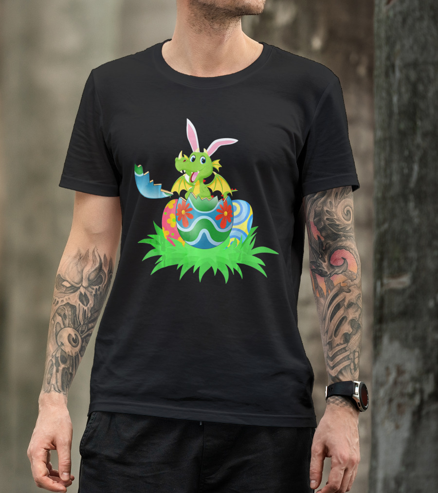 Easter Dragon Egg Hunt With Bunny Ears And Colorful Eggs In Grass T-Shirt