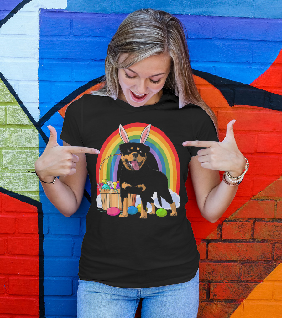 Rottweiler Bunny With Easter Eggs And Rainbow T-Shirt