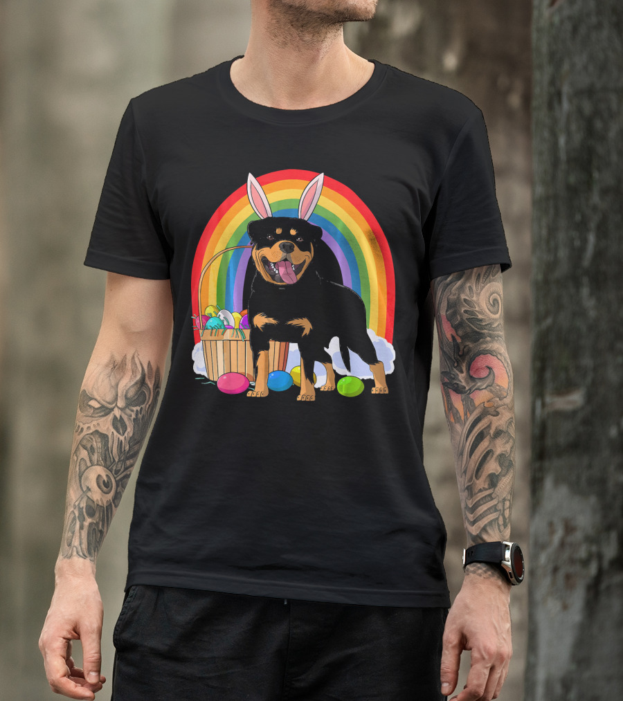 Rottweiler Bunny With Easter Eggs And Rainbow T-Shirt