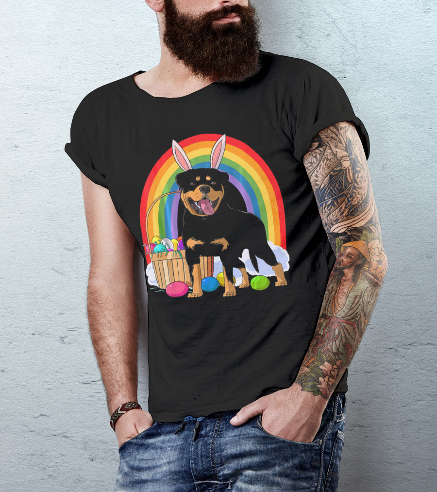 Rottweiler Bunny With Easter Eggs And Rainbow T-Shirt