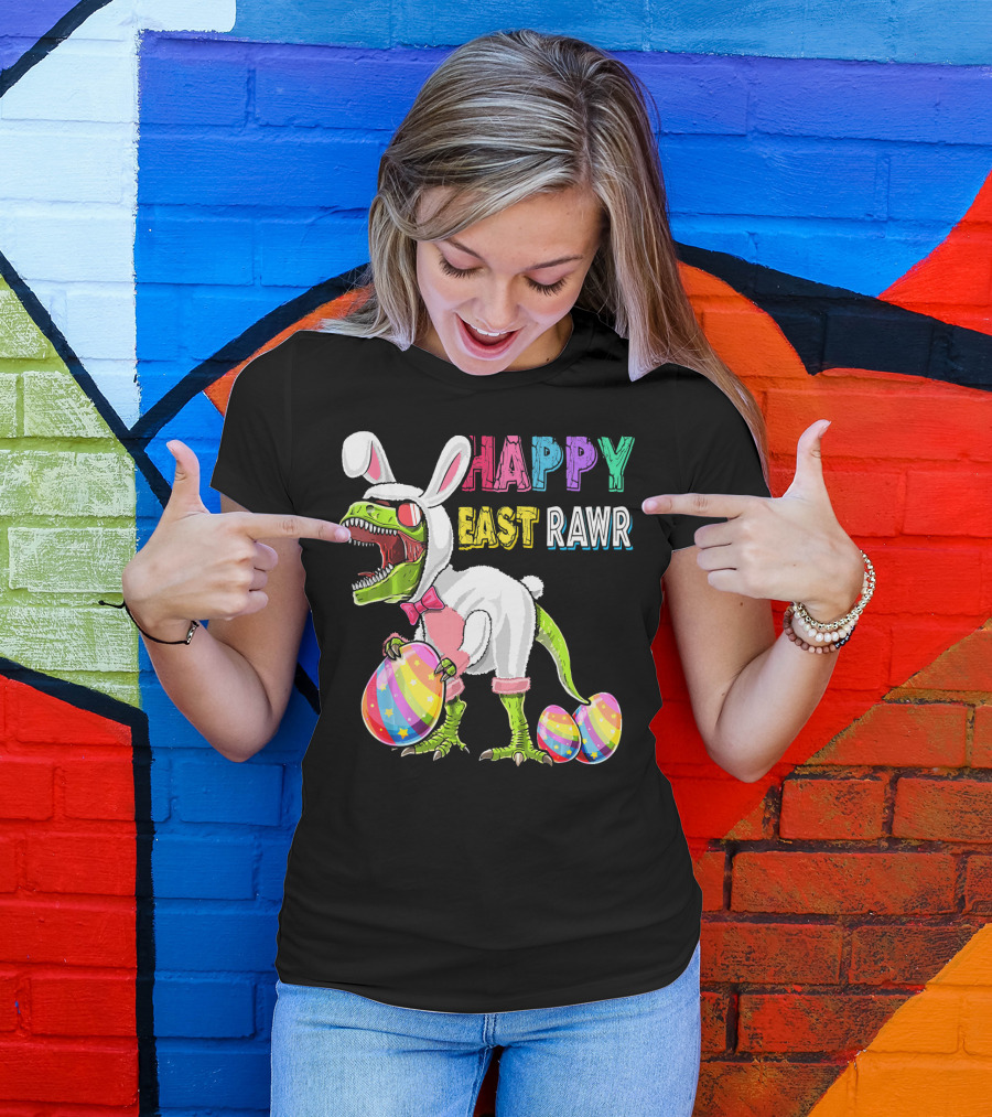 Happy Eastrawr Rex Dinosaur Easter Bunny Costume With Colorful Eggs T-Shirt