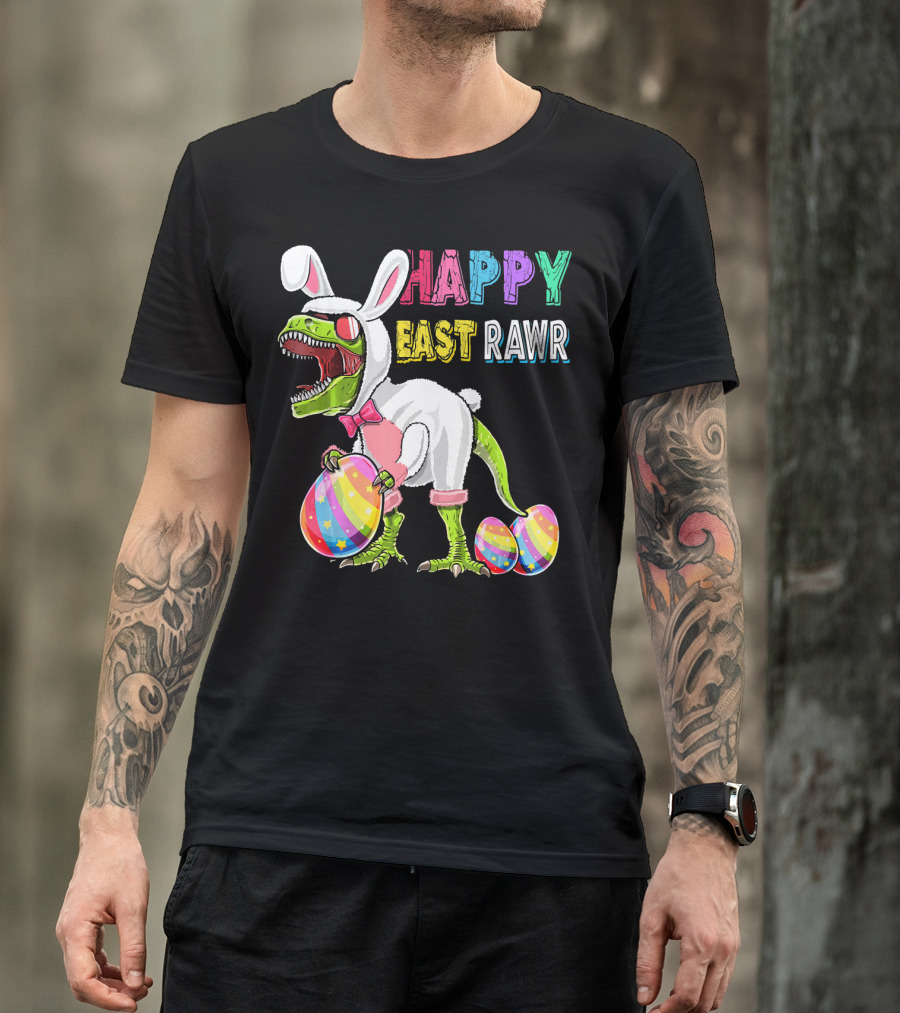 Happy Eastrawr Rex Dinosaur Easter Bunny Costume With Colorful Eggs T-Shirt