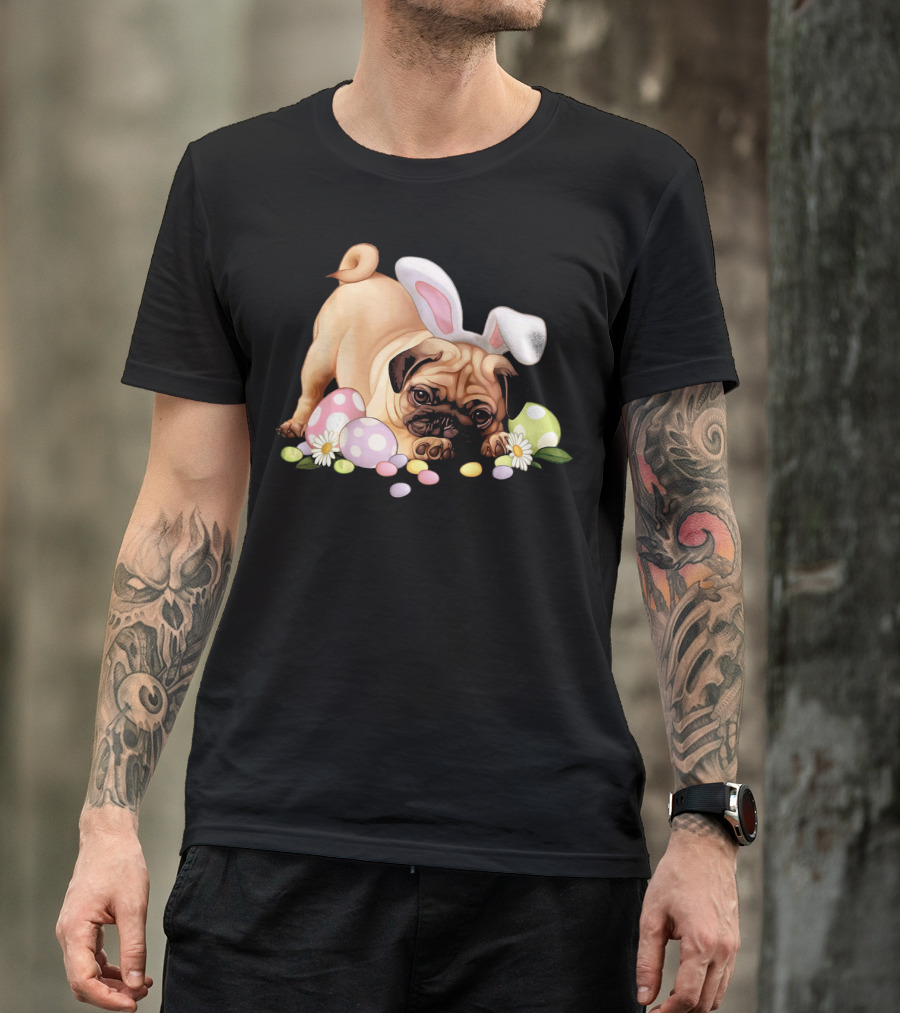 Pug Lovers Bunny Ears Happy Easter Eggs T-Shirt