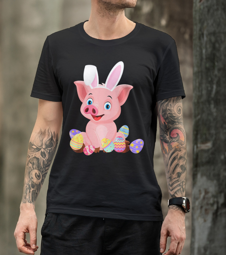 Pig Wearing Bunny Ears Surrounded By Colorful Easter Eggs T-Shirt