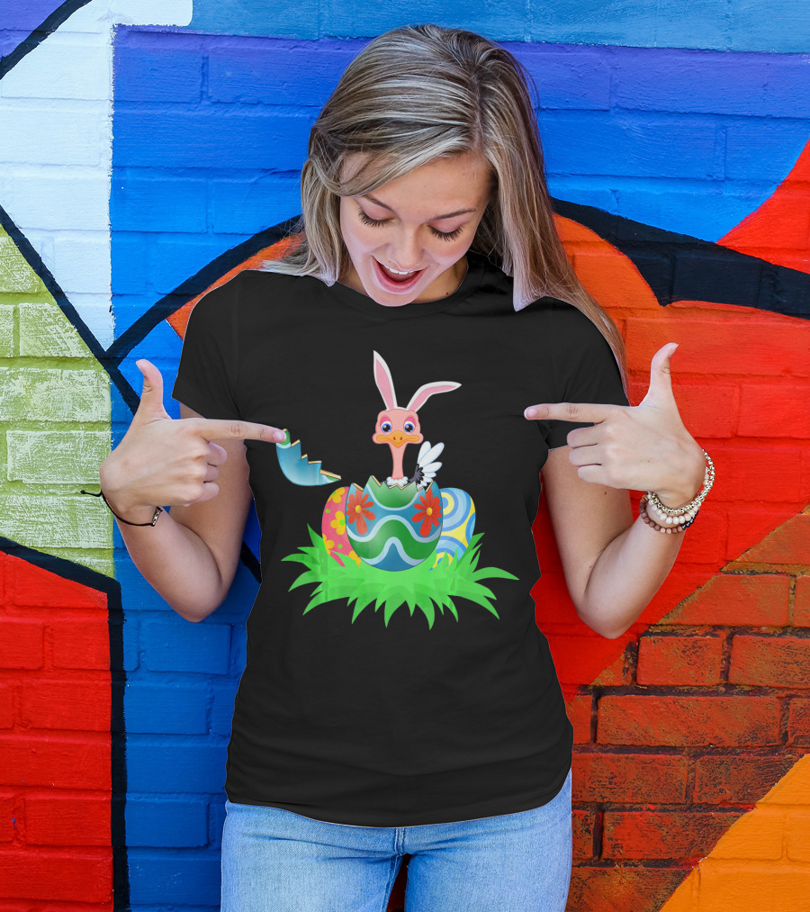 Easter Ostrich Hatching From Colorful Easter Egg With Bunny Ears And Flowers T-Shirt