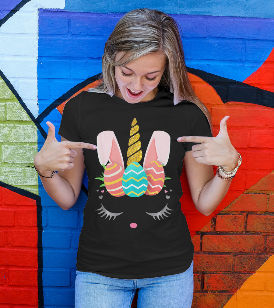 Bunnycorn Easter Bunny Rabbit Face Unicorn Ears Eggs Hearts T-Shirt