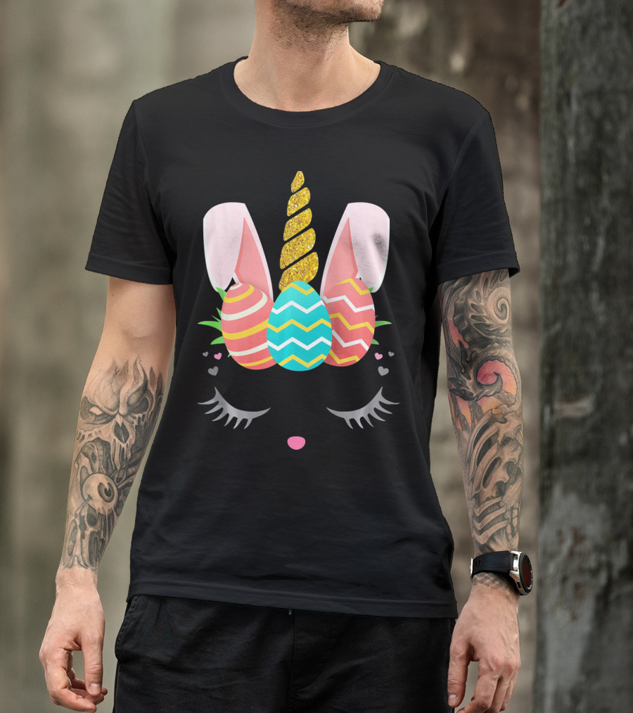 Bunnycorn Easter Bunny Rabbit Face Unicorn Ears Eggs Hearts T-Shirt