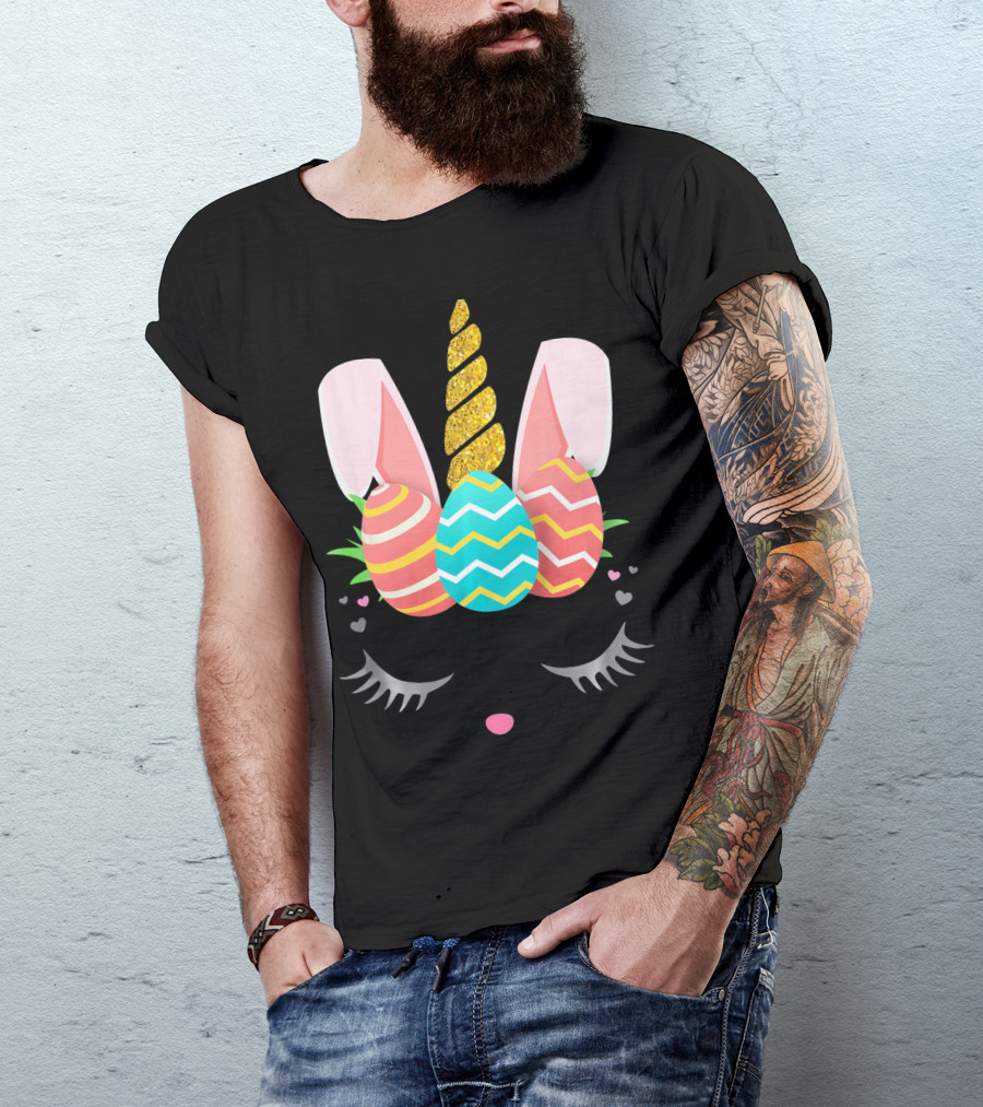 Bunnycorn Easter Bunny Rabbit Face Unicorn Ears Eggs Hearts T-Shirt