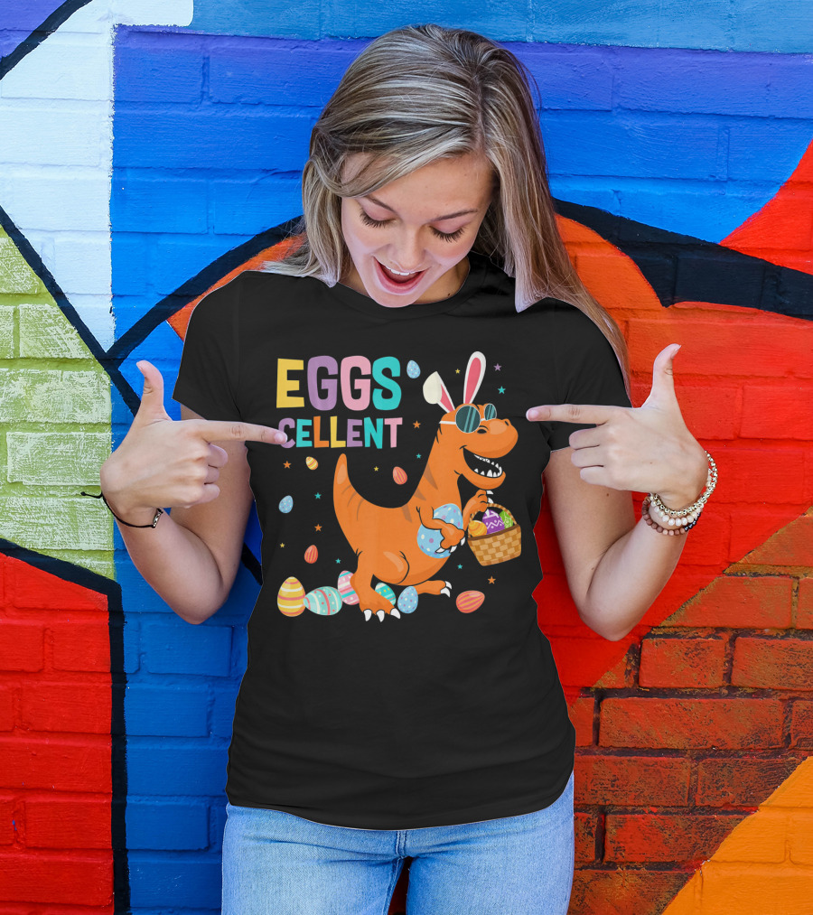 Eggscellent Easter Dinosaur With Bunny Ears And Eggs Basket T-Shirt