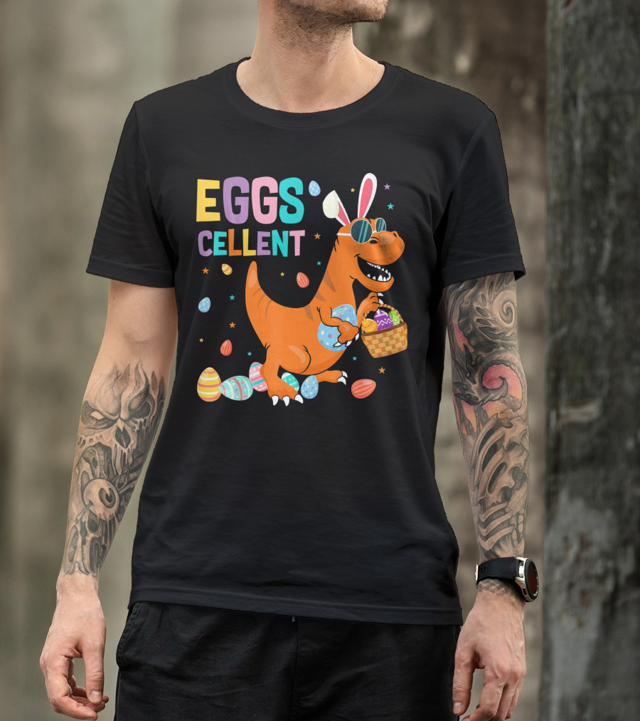 Eggscellent Easter Dinosaur With Bunny Ears And Eggs Basket T-Shirt