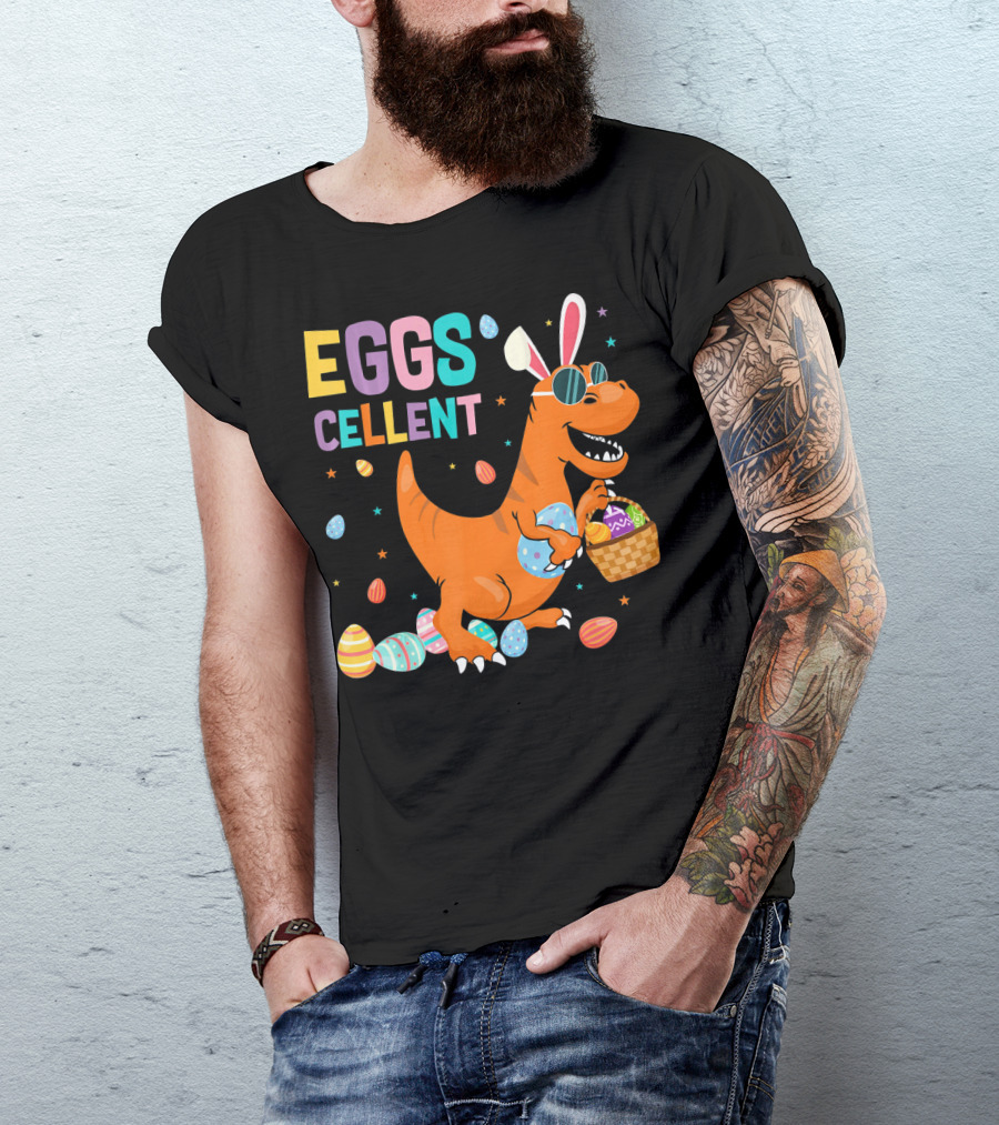 Eggscellent Easter Dinosaur With Bunny Ears And Eggs Basket T-Shirt