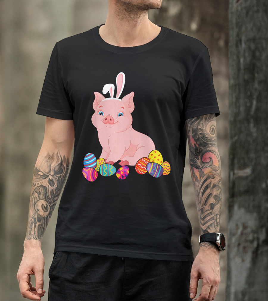 Pig With Bunny Ears Surrounded By Colorful Easter Eggs Easter Day T-Shirt