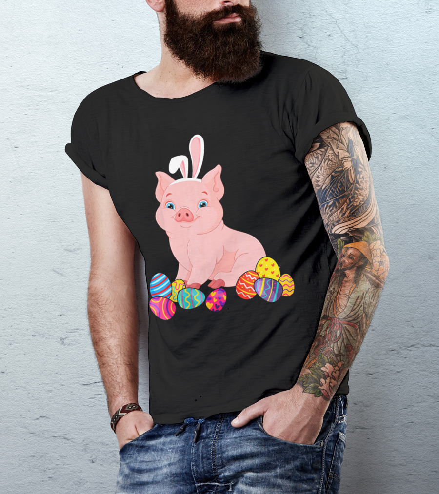 Pig With Bunny Ears Surrounded By Colorful Easter Eggs Easter Day T-Shirt