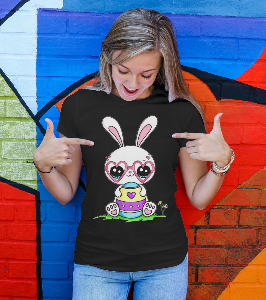 Adorable Easter Bunny With Heart-Shaped Glasses And Colorful Egg T-Shirt